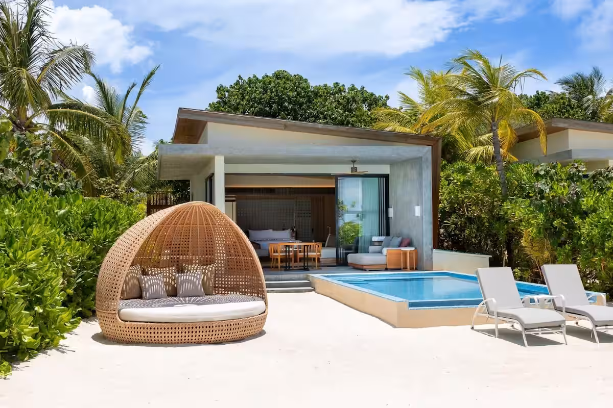 - Surrounded by lush vegetation, our sunrise beachfront retreats offer sea views from your king-size bed, a private pool, and a luxurious bathtub for two.

- 2 Adults + 2 Children or 3 Adults (1 King Bed)

- 152 sqm