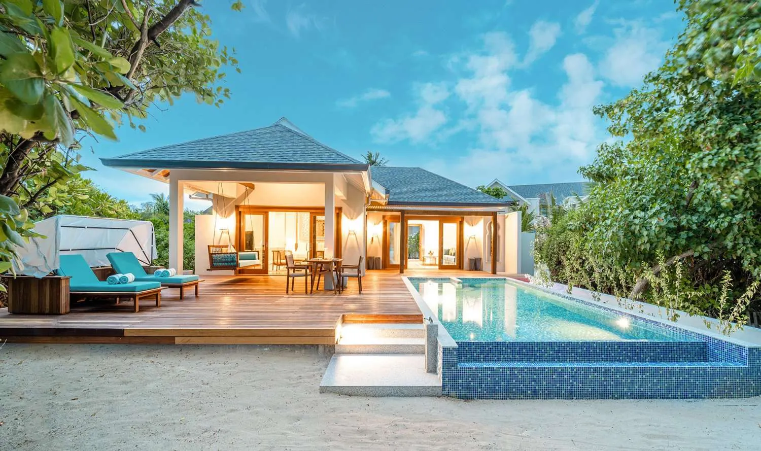 - 350 Sqm
- Discover elegance in our one-bedroom Signature Beach Residence, an intimate beachfront sanctuary with a spacious living room, private deck and pool. Whether it’s a honeymoon or a romantic getaway, relish unparalleled Maldives seclusion and cherish precious moments in utmost privacy.