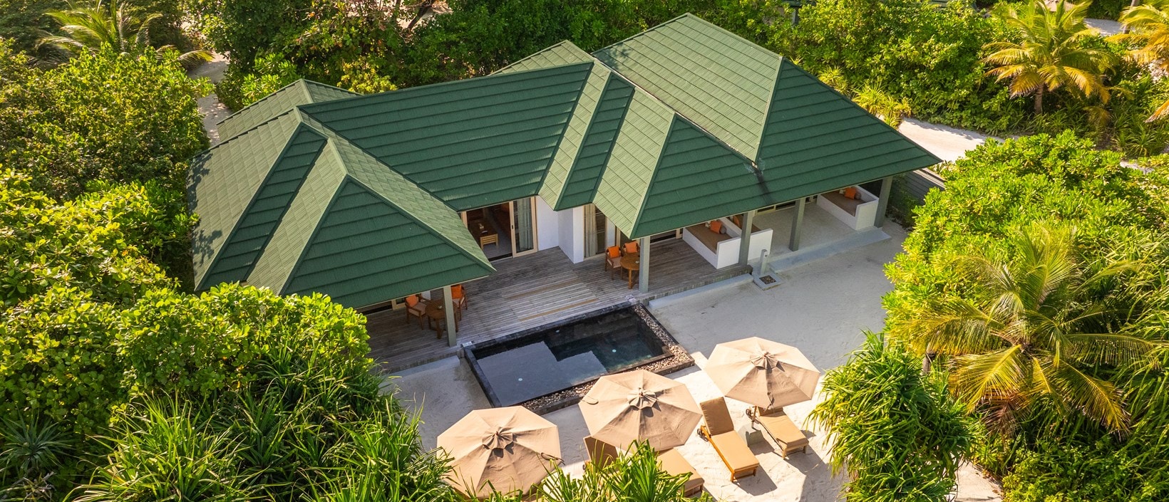 - The Three Bedroom Pool Beach Villa is the ultimate escape for families and friends. With 346 sqm of luxury, it offers three master bedrooms, private pool, tropical bathrooms, and direct beach access. Enjoy spacious living areas, a private terrace, and a beachfront deck - perfect for relaxation and unforgettable moments.