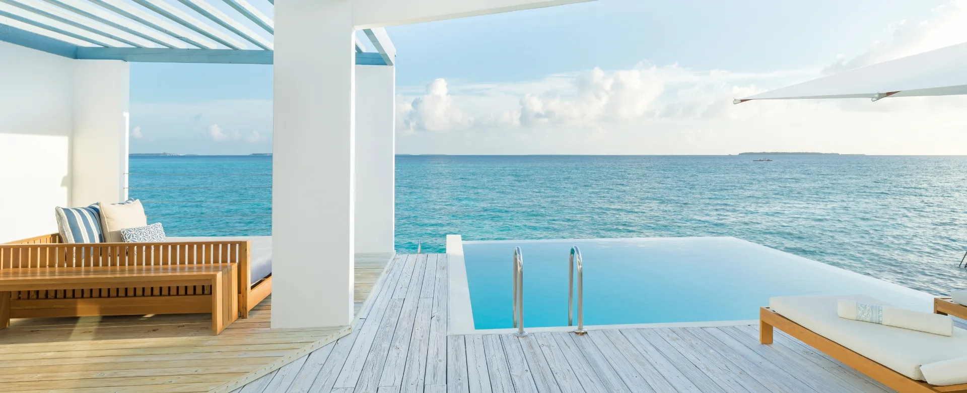 - Gaze out across the reef from the comfort of your bed or dangle your feet over the dock. Perfect for snorkellers, these Maldives luxury villas are suspended right over the kaleidoscopic reef with direct access to slip into the embrace of the ocean.
- 1-bedroom 220 sqm
- Overwater
- Reefside Access