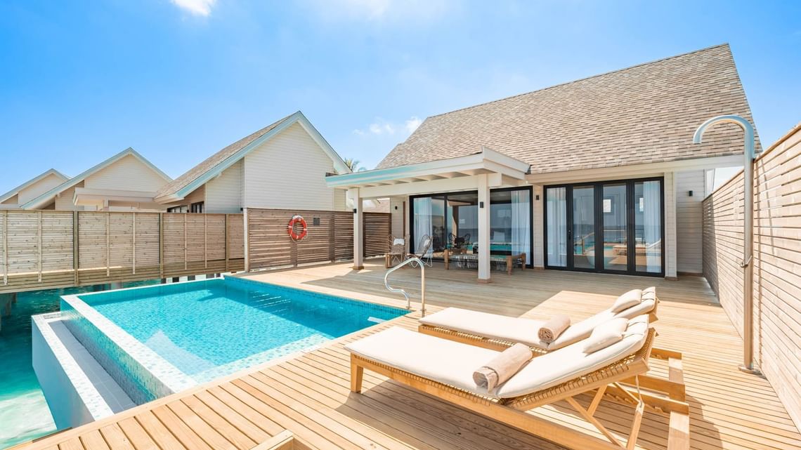 - Size: 180 sqm
- People icon vector used at Ananea Madiviru Maldives 3 or 2 adults and 1 child
- Perched above the crystal-clear waters, these overwater escapes are a true sanctuary. With a king bed, ocean-view bathroom, and private deck complete with a pool and sun loungers, your perfect island hideaway is just steps from the vibrant lagoon.