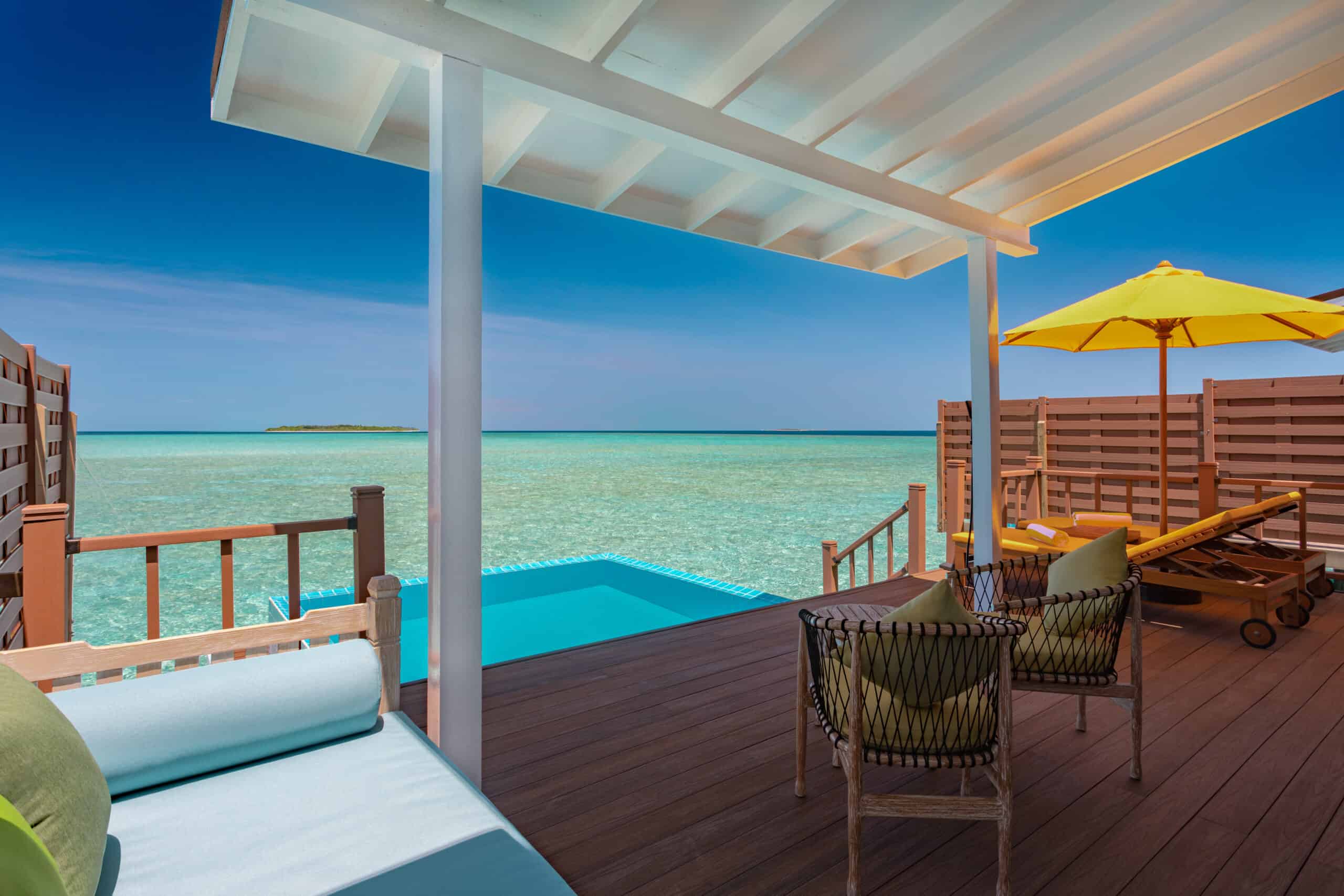 - King Size Bed
- Dressing Table & Stool
- Writing Table and Chair
- Wardrobe
- Air-conditioning
- Private Safe
- Mini Bar
- IDD Telephone
- WIFI Internet
- LED TV
- Tea / Coffee facility
- Veranda Love Seat
- Veranda Coffee Seats and Table
- Outdoor Sun Loungers
- Private Sun Deck