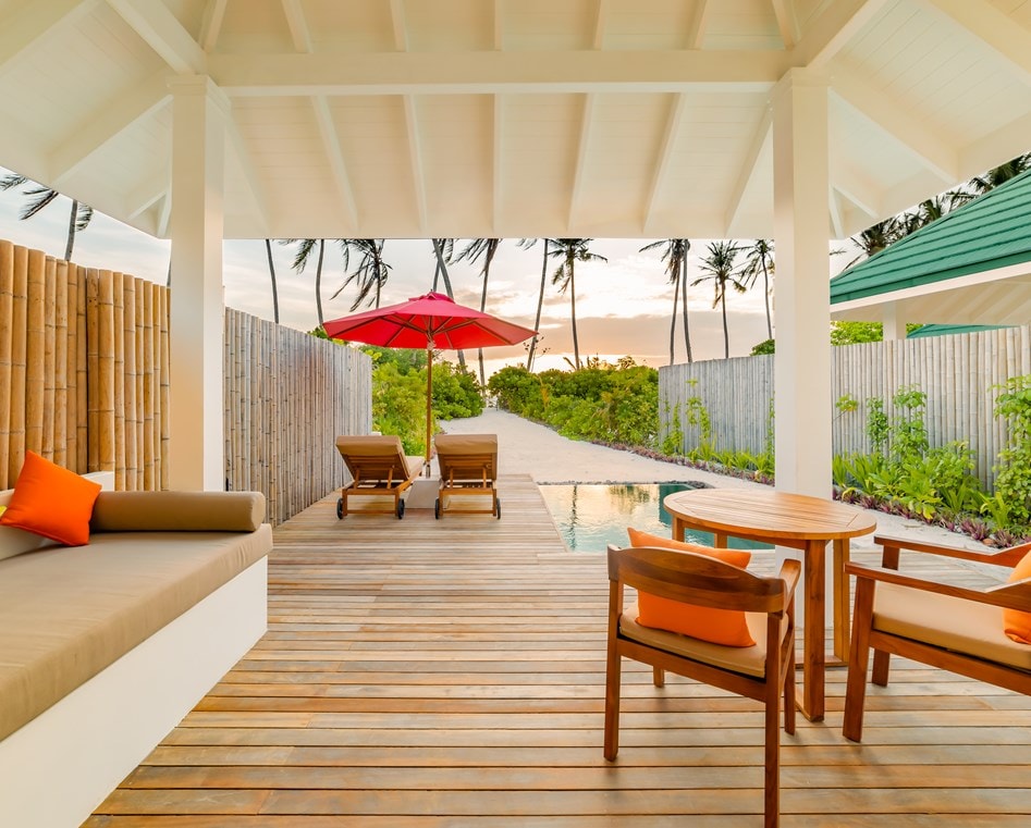 - This intimate 91 sqm beach villa in the Maldives offers a private pool and a terrace with breathtaking sunset views. Perfect for a family, it comfortably accommodates 2 adults and 2 children. Enjoy serene moments by the water, with luxurious amenities and the natural beauty of the Maldives at your doorstep.