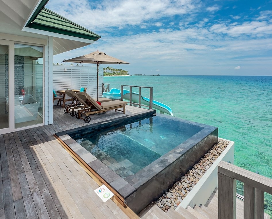 - From your private terrace, enjoy sweeping vistas of the Indian Ocean and turquoise lagoon, while relaxing in your private pool with a cocktail in hand. Ideal for those seeking both space and fun, this villa offers a sundeck with loungers, a bathroom with a standalone bathtub with incredible views, mini bar, and Wi-Fi. With views this stunning, it’s a stay to remember.