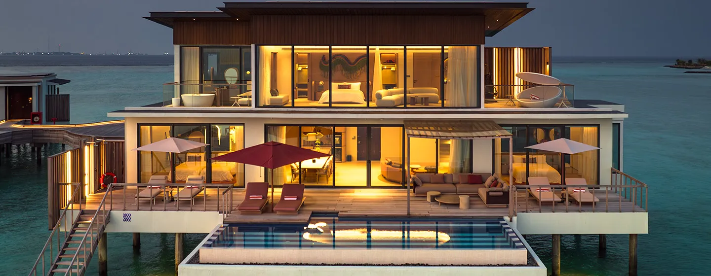 - Your ultimate ocean escape, our vast two-storey water atelier is designed for maximum luxury and privacy with three bedrooms and spacious living and dining area with private pool and wraparound deck on both floors.
- Avg Room Size 410sqm / 4413sqft
- Mattress Size 2 Kings & 2 Twins
- Room Capacity 6 guests
- View Ocean