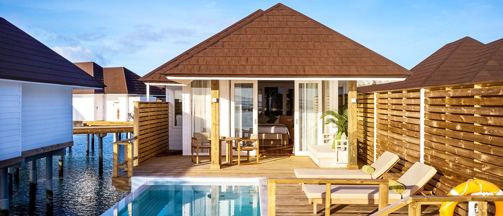 - Similar in design to the Grand Water Villa, this one comes with its own gorgeous private infinity pool. The shaded terrace and sundeck come with quite the views. Unlike some of our more classical style villas, this one strikes a balance between tradition and modernity.