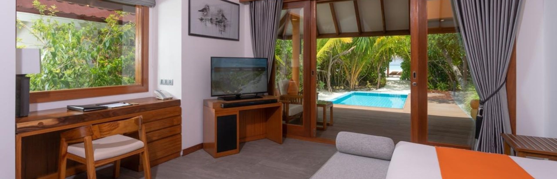 - King Size Bed
- Dressing Table & Stool
- Writing Table and Chair
- Wardrobe
- Air-conditioning
- Private Safe
- Mini Bar
- IDD Telephone
- WIFI Internet
- LED TV
- Tea / Coffee facility
- Veranda Love Seat
- Veranda Coffee Seats and Table
- Outdoor Sun Loungers
- Plunge Pool
- Sun Deck