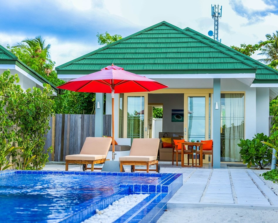 - This 80 sqm beachfront villa offers a serene escape with stunning ocean views. Featuring a spacious outdoor terrace and sundeck, it’s perfect for relaxing in the sun. Ideal for a small family, it accommodates 2 adults and 1 child, blending comfort, style, and a prime location by the beach.