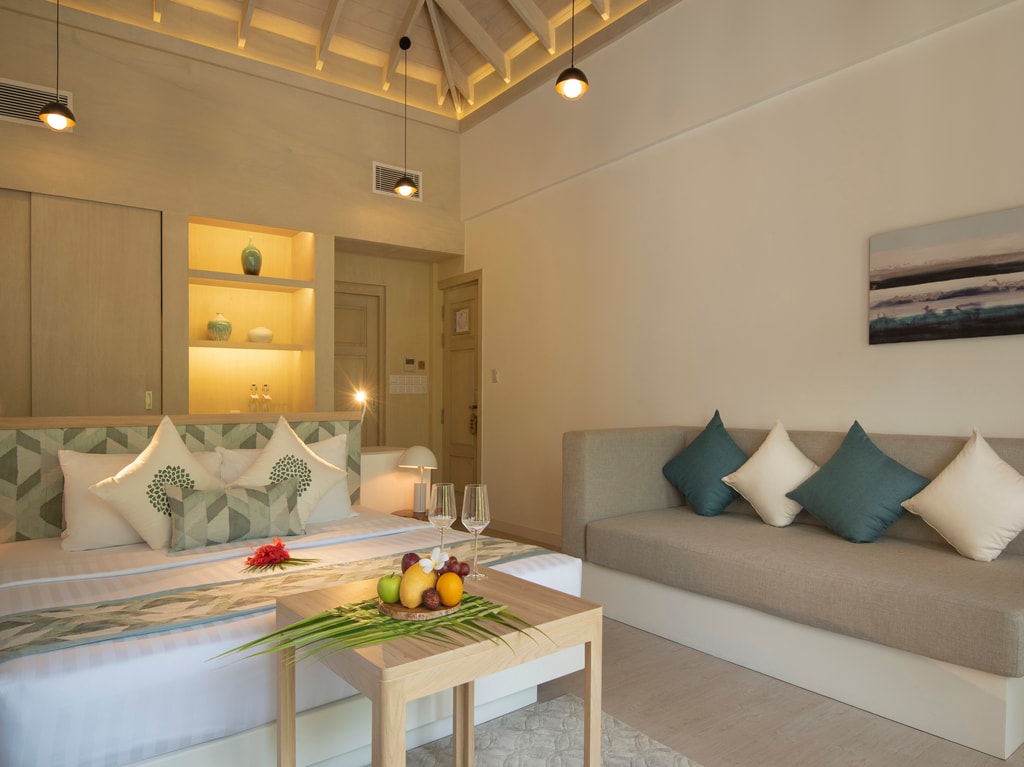 With whitewashed interiors and modern furnishings, the Superior Villas are a class apart. The bathrooms ooze style, with mosaic detail and outdoor showers. Surrounded by lush, tropical vegetation, these villas are the perfect setting for your holiday in the Maldives