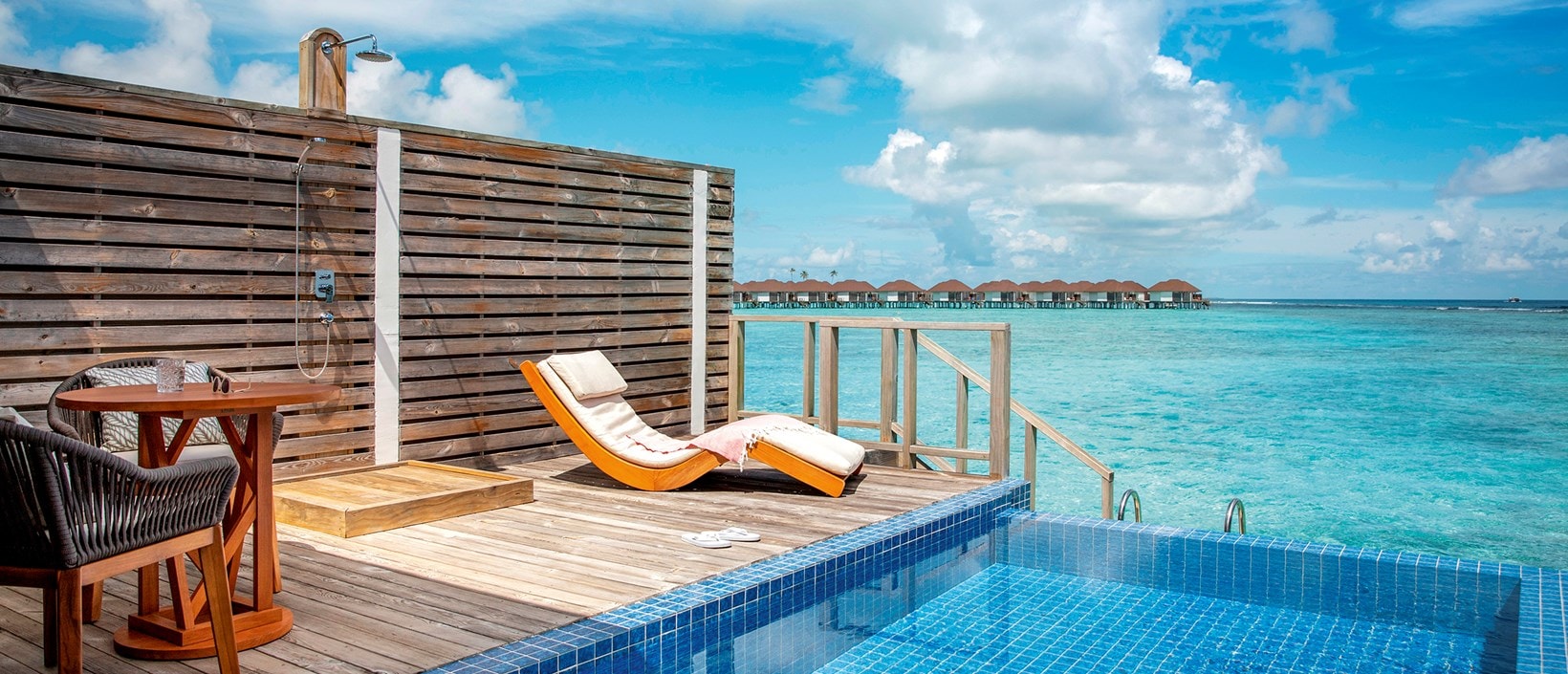 - This villa, set overwater with the best lagoon views, was designed for couples. Each villa is as intimate and private as can be. The interiors are contemporary with a hint of opulence. Surrounding the private infinity pool is a wooden deck with chaises-longues and a table perfect for your morning cup of coffee.