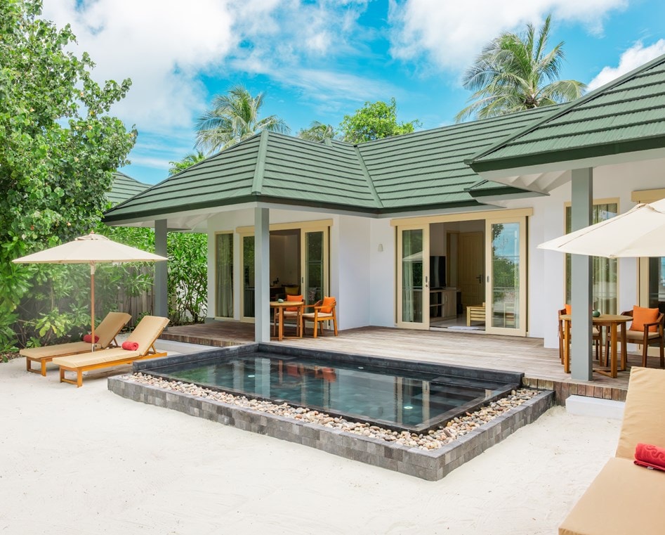 - The Two Bedroom Pool Beach Villa is a spacious 200 sqm retreat made for families or friends. Featuring two master bedrooms and a private pool, it comfortably accommodates 6 adults or 4 adults and 2 children. With stunning beach views and luxurious amenities, it’s the perfect place to unwind together.