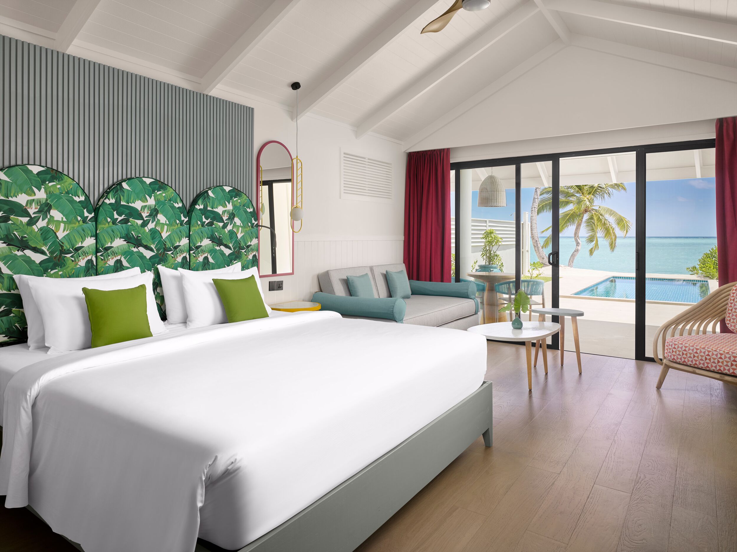 - Wake up and take a few steps from your villa to the pearlescent-white shores fringed by coconut palms and lapped by crystal-clear topaz waters that give way to a protected coral reef thriving with marine life.
- 121 square metres
- 2 adults, 1 child
- Private pool
