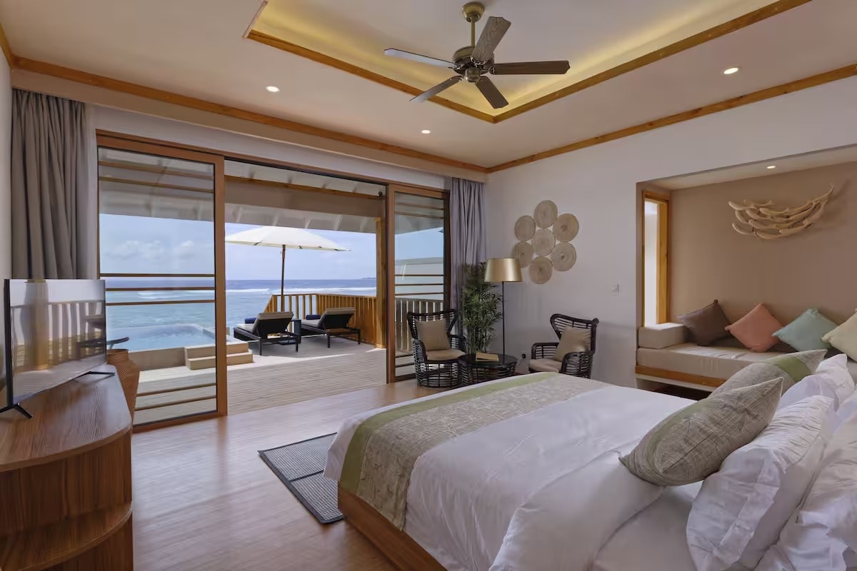 - Occupancy : 2 Adults + 2 Children (or) 3 Adults
- Villa size: 108.3 m²
- Bathroom amenities
- Cable/Satellite Television
- Ocean View
- Private Pool
- Sunbed
- Safe
- Seating Area with chair
- Stocked Minibar
- Coffee/Tea maker
- Television
- Terrace
- Wireless Internet Connection
